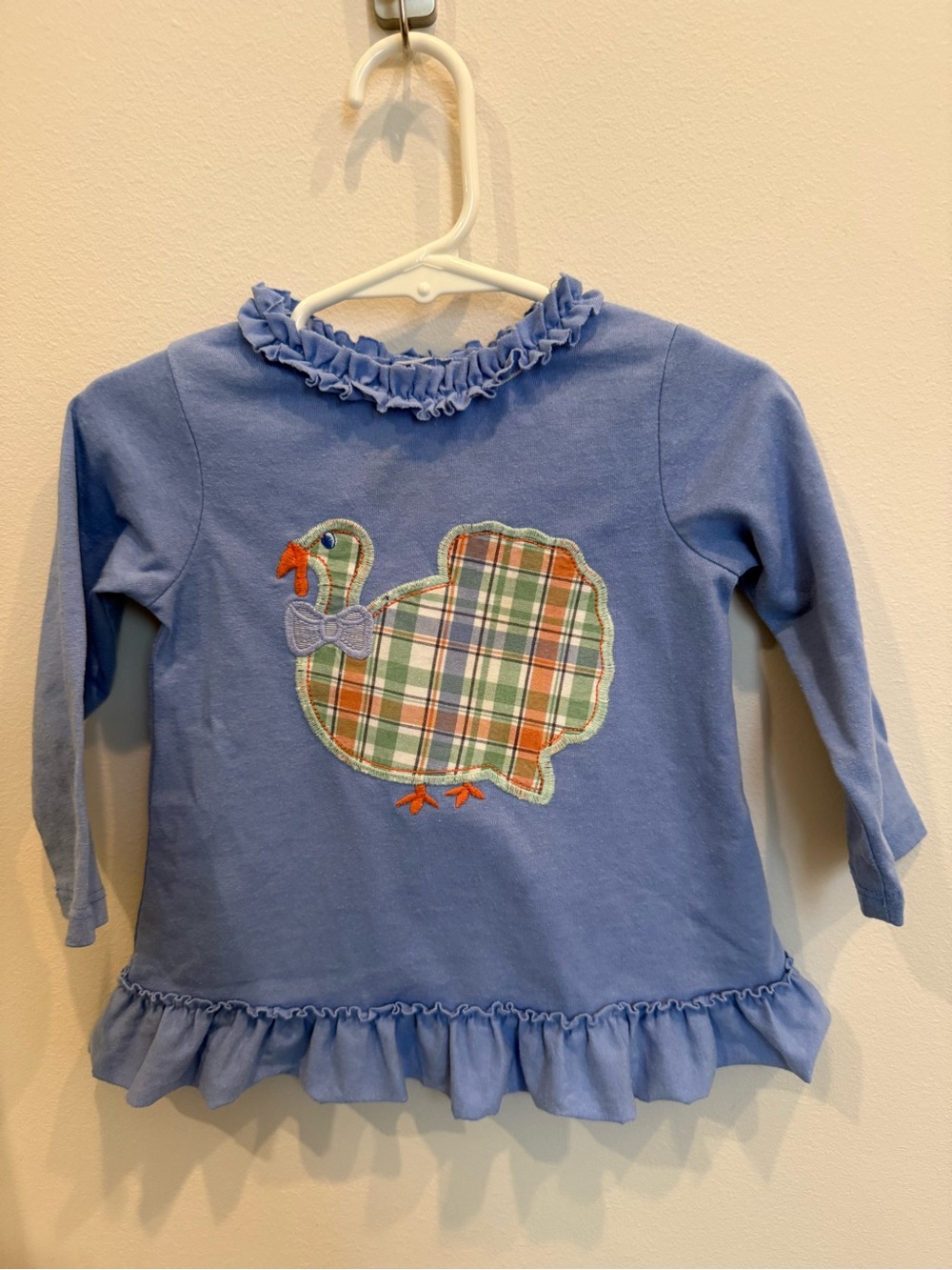 Bailey Boys Girls Turkey Appliqué Ruffle Top Blue Thanksgiving Size 12M